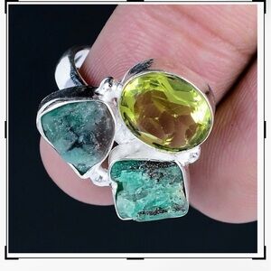 1 inch, 3 stone, 925 marked, Green Aventurine, 2 are natural and rough, size 8 .